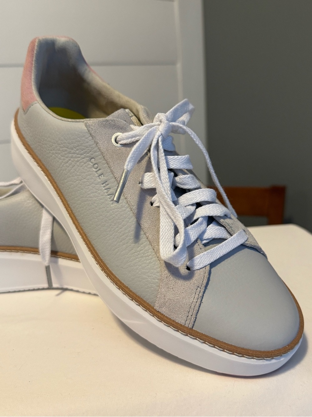Cole Haan Women's White Leather Sneaker with Pink Heel Accent